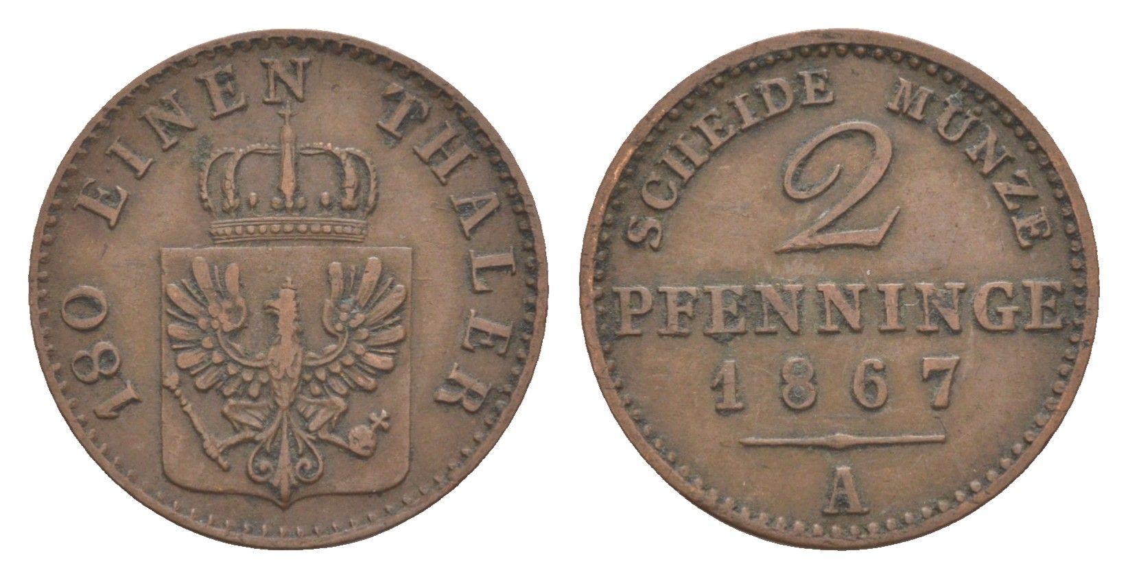 Пруссия 2 пфеннига 1867 A, Вильгельм I (1861-1888) KM 481, Jaeger 51, AKS 107, Olding 425 медь 4651-318