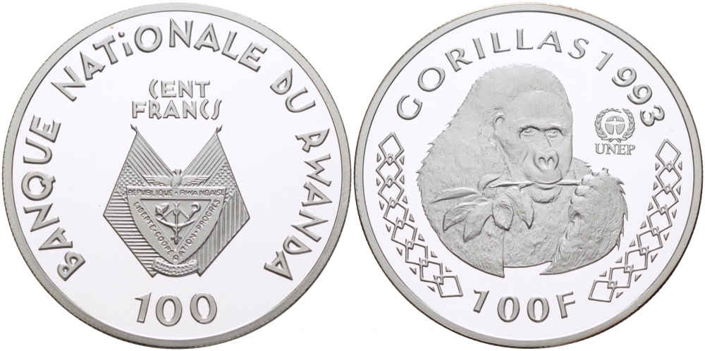 Руанда 100 франков 1993 горилла KM 21 серебро PROOF 1068-2-52