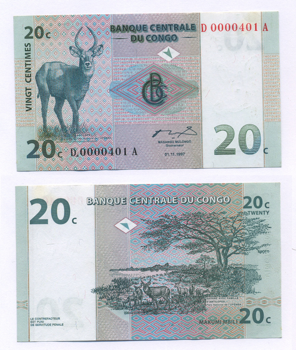 ДР Конго 20 сантимов 1997 антилопа, национальный парк Упемба Pick 83 a бумага UNC (пресс) 448-6-2