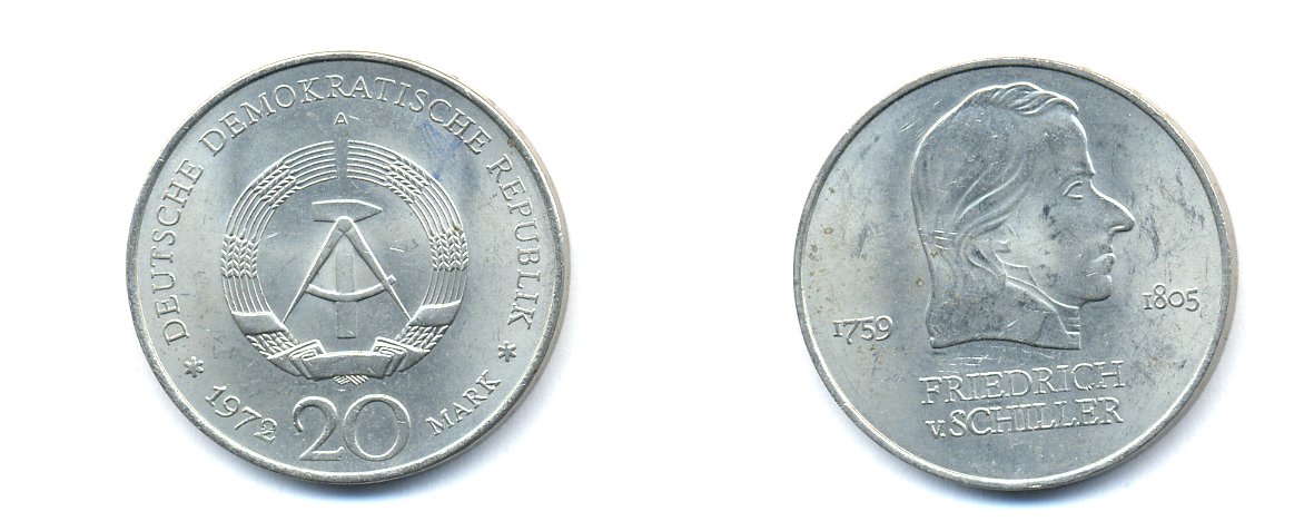 ГДР 20 марок 1972 А, Фридрих Шиллер (1759-1805) KM 40 медно-никель 3333-715