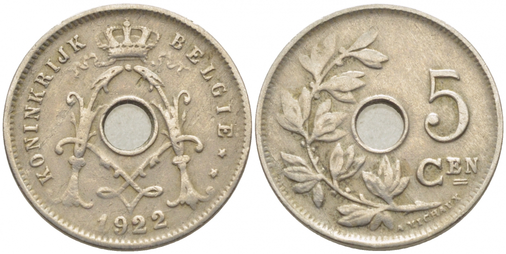 БЕЛЬГИЯ 5 САНТИМОВ 1922 BELGIE KM 67 медно-никель 112-235