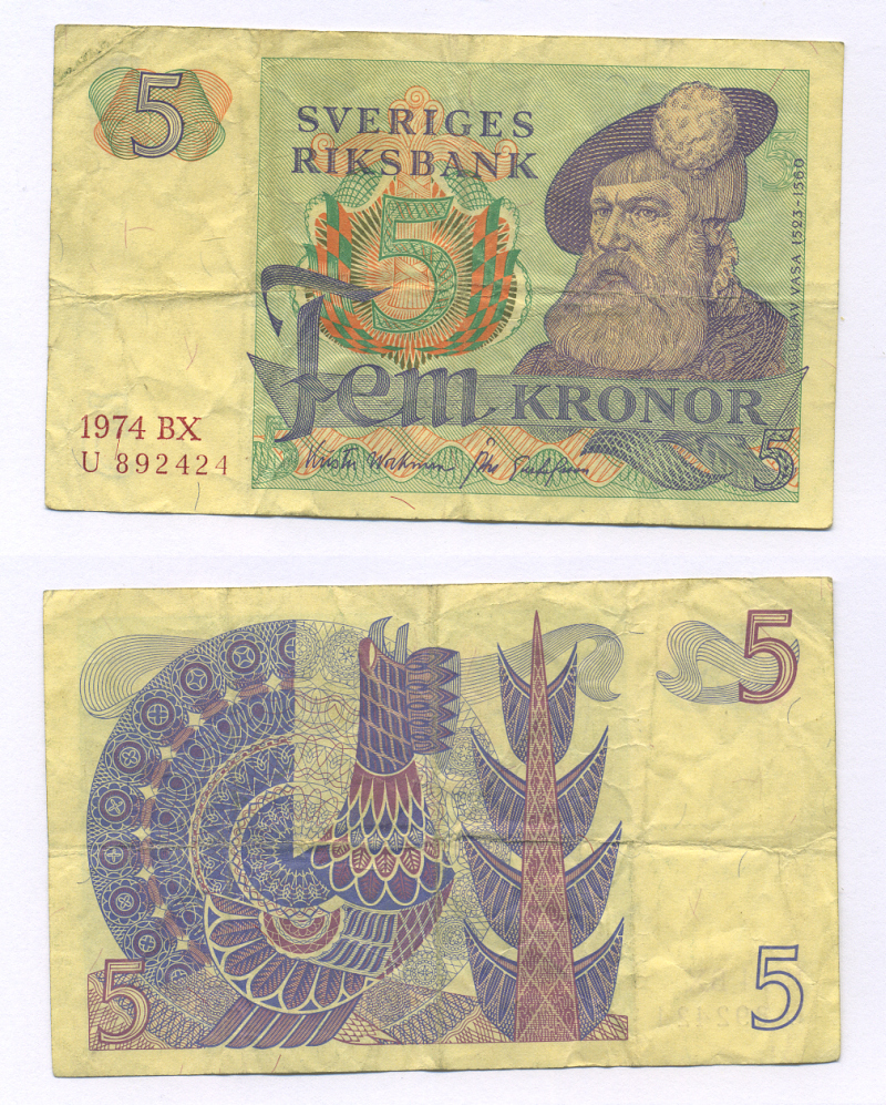 Швеция 5 крон 1974 ВХ, Густав I Ваза Pick 51с бумага 6300-19-2-2