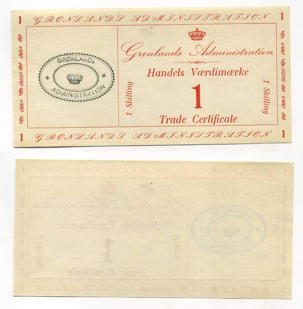 Гренландия 1 скиллинг 1942 торговый сертификат Pick M8 бумага UNC (пресс) 451-263-1