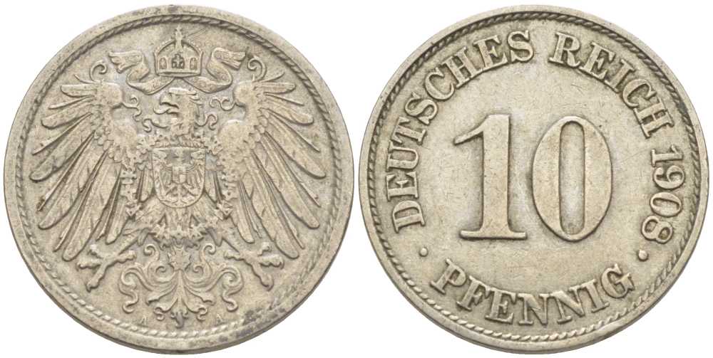 ГЕРМАНИЯ 10 ПФЕННИГОВ 1908 А KM 12, J. 13 медно-никель 210-651