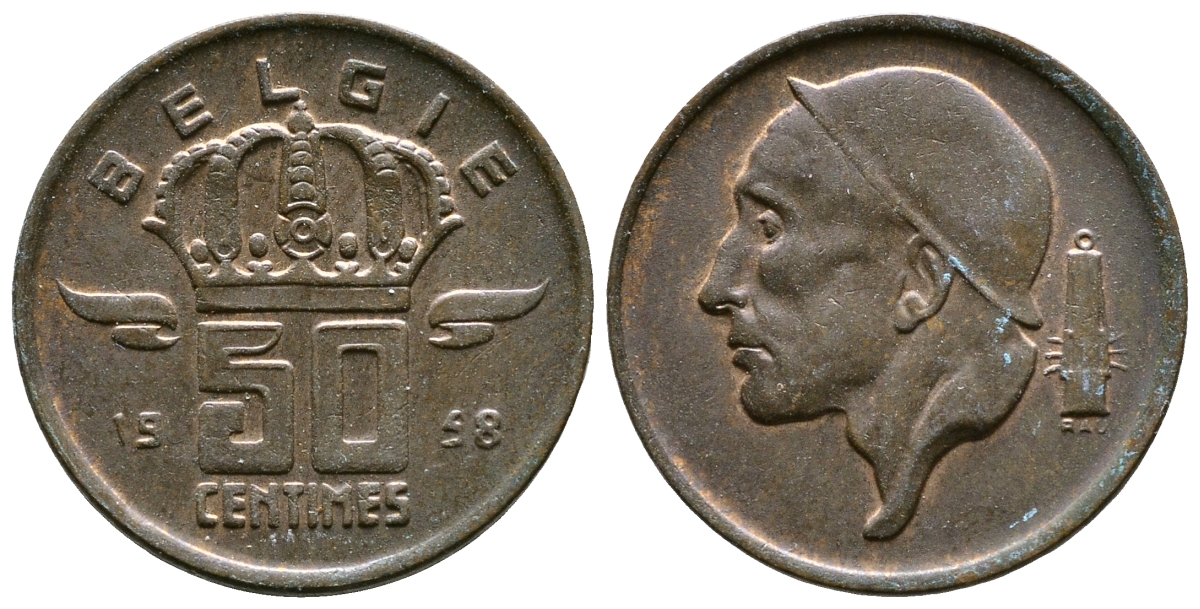 БЕЛЬГИЯ 50 САНТИМОВ 1958 BELGIE KM 149.1 бронза 4110-1657