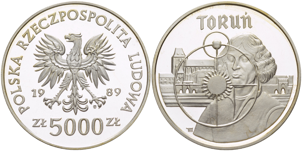 Польша 5000 злотых 1989 MW, Торунь KM 191, Parchimowicz 359 серебро PROOF 00-000-00