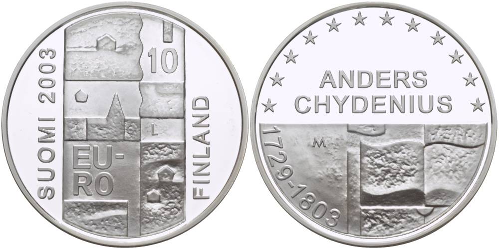 Финляндия 10 евро 2003 200 лет со дня смерти Андерса Чудениуса KM 110 серебро PROOF 1084-9-32