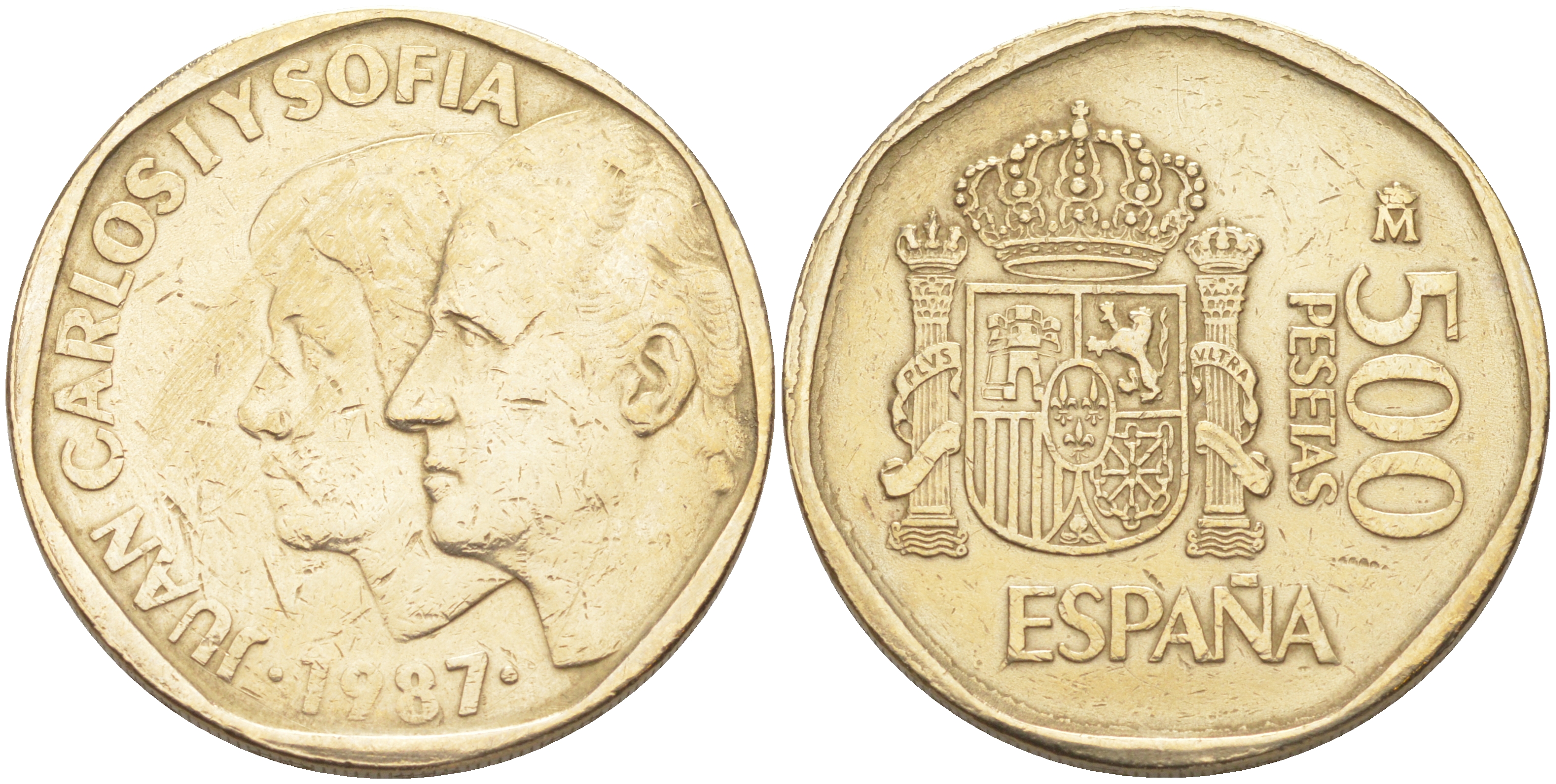 ИСПАНИЯ 500 ПЕСЕТ 1987 ХУАН КАРЛОС И СОФИЯ, ХУАН КАРЛОС I (1975-) KM 831 медь алюминий никель 4111-131