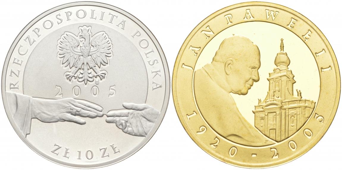 Польша 10 злотых 2005 MW, Иоанн Павел II, руки, позолота KM 526 серебро PROOF 1087-8-55