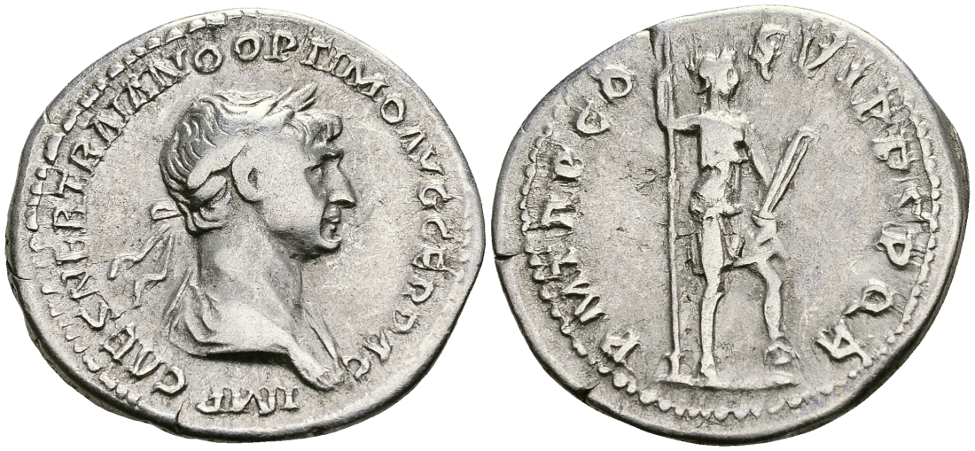 Римская Империя денарий 114 - 117 Траян PM TR P COS VI PP SPQR Виртута, персонификация Доблести Рим Very fine RIC 355 серебро 1073-4-46