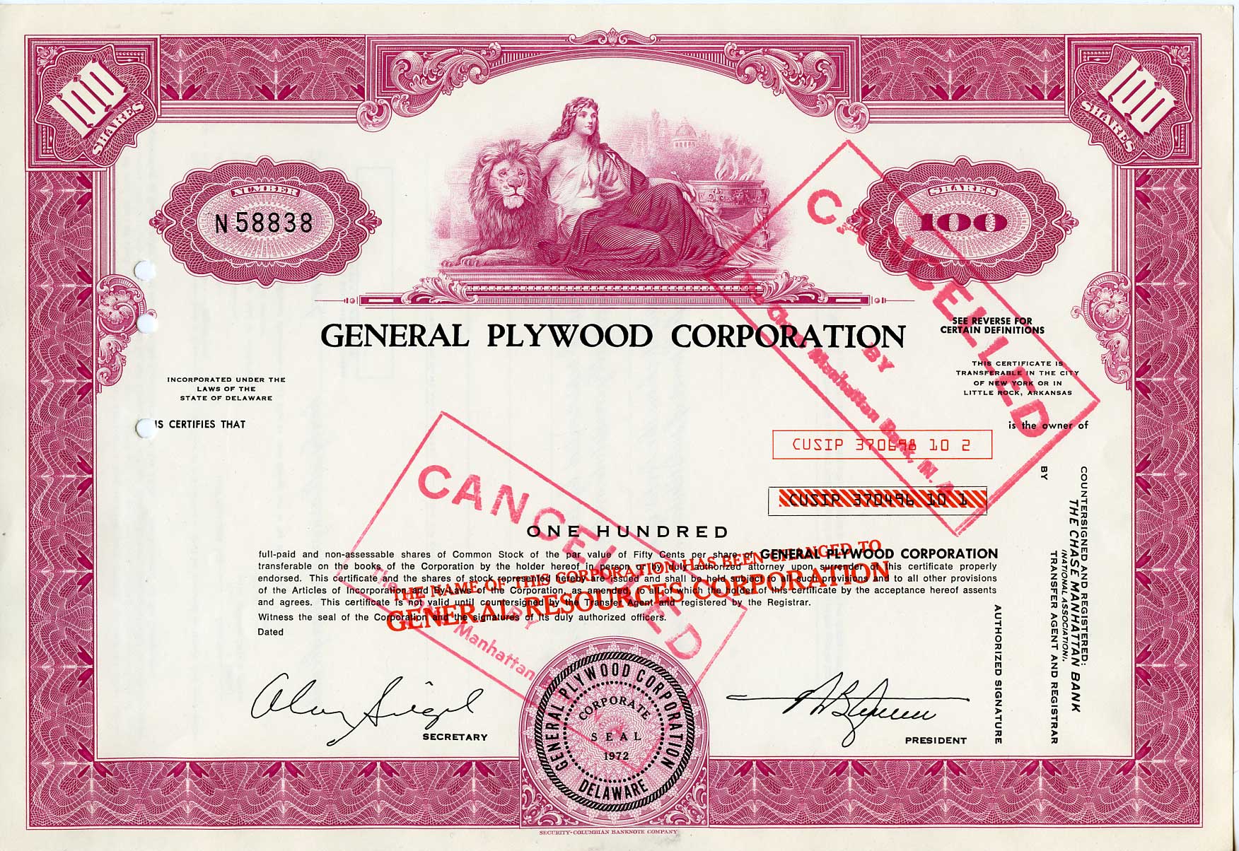 США, General Plywood Corporation 100 акций 1972 бумага 8802-59-1
