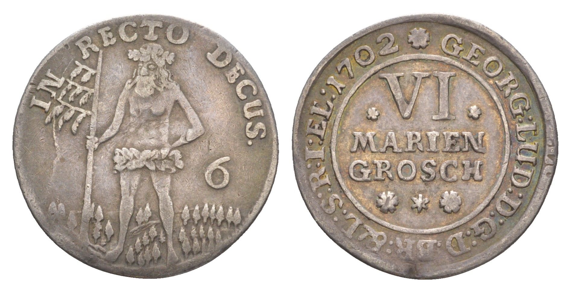 Брауншвейг-Каленберг-Ганновер 6 мариенгрошей 1702 дикарь, Георг I (1698-1727), из коллекции Ричарда Б. Смита KM 11, Welter 2179 серебро 1525-344