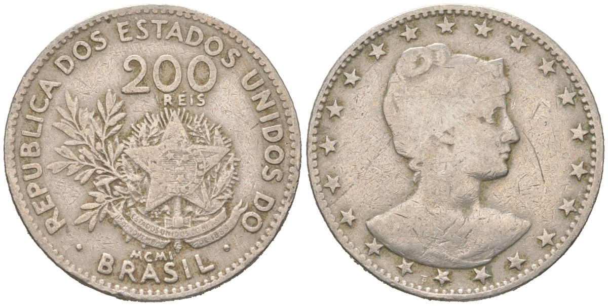 Бразилия 200 реалов 1901 MCMI, голова свободы вправо KM 504 медно-никель 4612-257