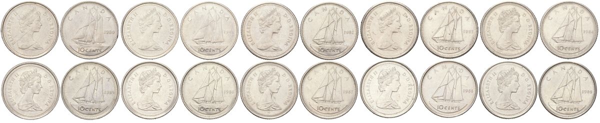 Канада набор из 10 монет (последние 10 лет выпуска, 10 центов) 1980-1989 Елизавета II, парусник KM 77 никель 4614-121-129