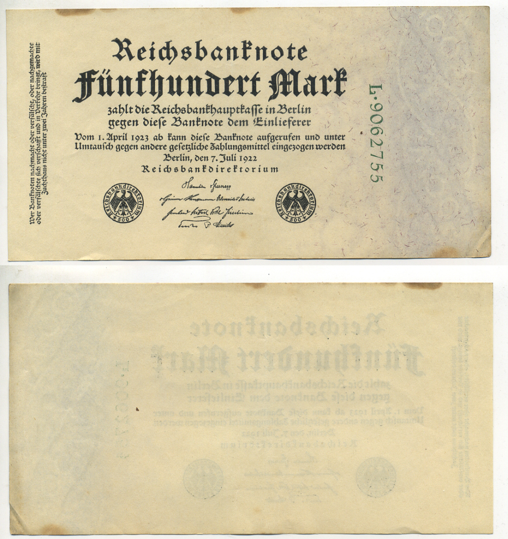 Германия 500 марок 1922 зеленая серия L, 7 цифр в номере Pick 74 b бумага 434-24-2-2