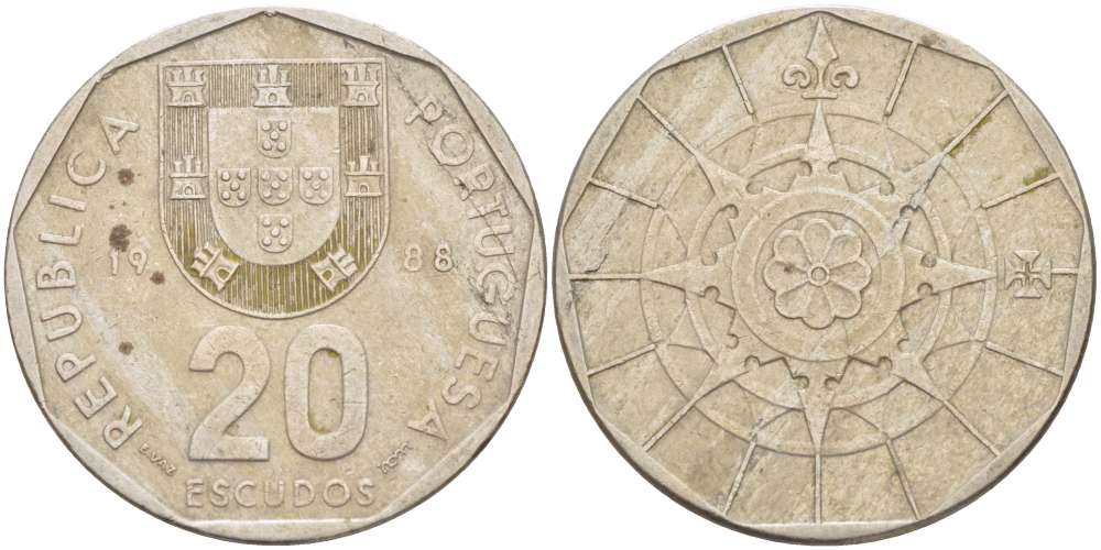 ПОРТУГАЛИЯ 20 ЭСКУДО 1988 INCM KM 634.1 медно-никель 4521-313