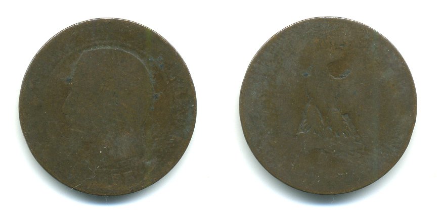 Франция 5 сантимов 1855 A, Наполеон III (1852-1870) KM 777.1, Le Franc 116.16 бронза 23-1324