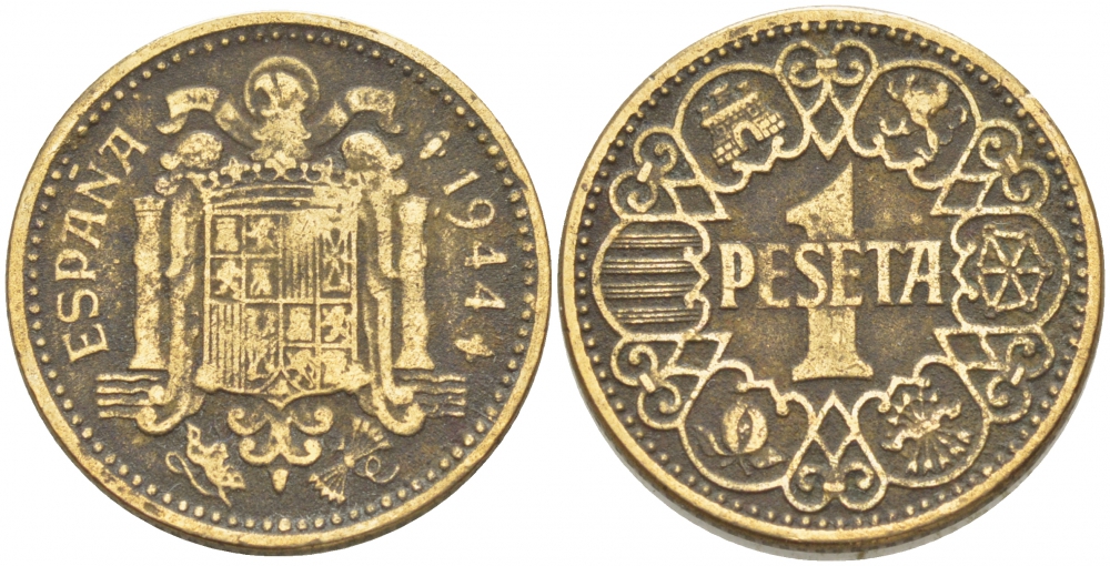 ИСПАНИЯ 1 ПЕСЕТА 1944 НАЦИОНАЛЬНОЕ ПРАВИТЕЛЬСТВО (1939-1947) KM 767 алюминиевая бронза 87-1434