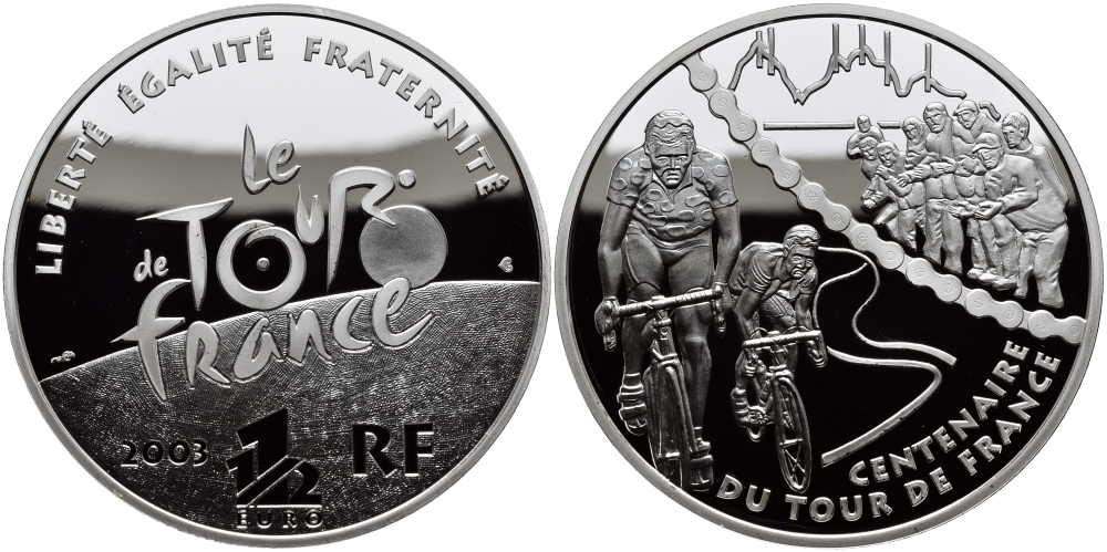 Франция 1 1/2 евро 2003 100 лет велогонкам Тур де Франс, два велосипедиста KM 1323 серебро PROOF 1095-3-53