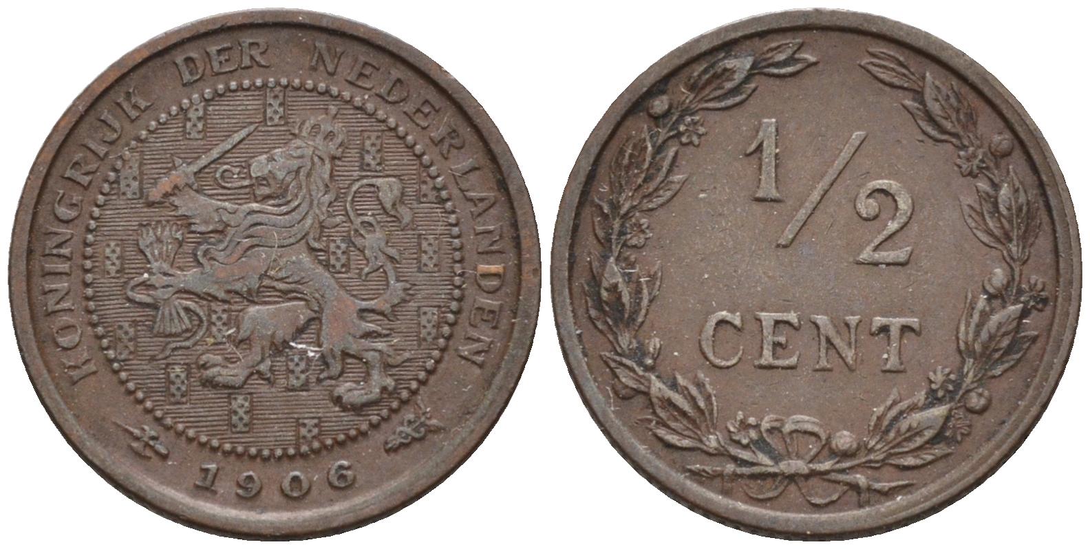 Нидерланды 1/2 цента 1906 Вильгельмина (1890-1948) KM 133 бронза    4169-234