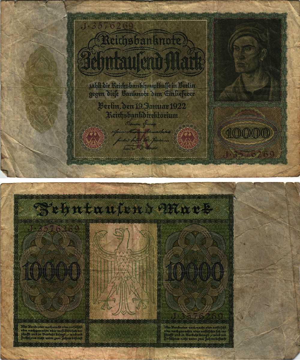 ГЕРМАНИЯ 10000 МАРОК 1922 19 ЯНВАРЯ 1922, АЛЬБРЕХТ ДЮРЕР, БУКВА K Pick 70 бумага 8610-31-1