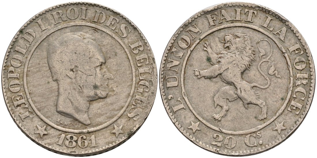 Бельгия 20 сантимов 1861 Belges KM 20 медно-никель 190-743