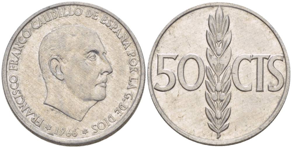 Испания 50 сентимо 1966 (68) Франсиско Франко (1939-1975) KM 795 алюминий 4551-946