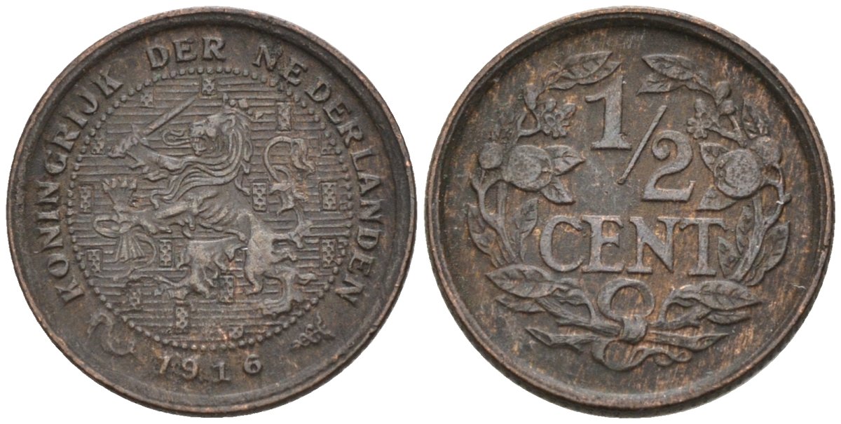 Нидерланды 1/2 цента 1916 Вильгельмина (1890-1948) KM 138 бронза 4576-368