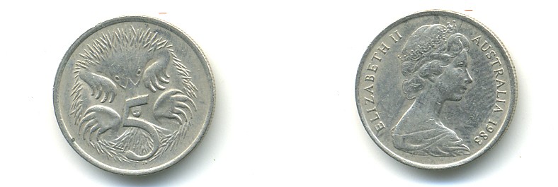 Австралия 5 центов 1988 Елизавета II (1952-2022), ехидна KM 80 медно-никель 56-434
