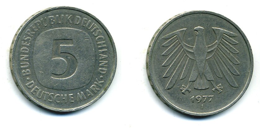 ФРГ 5 МАРОК 1977 J, KM 140.1, J 415 медно-никель плакированный никелем плакированный никелем 25-1933