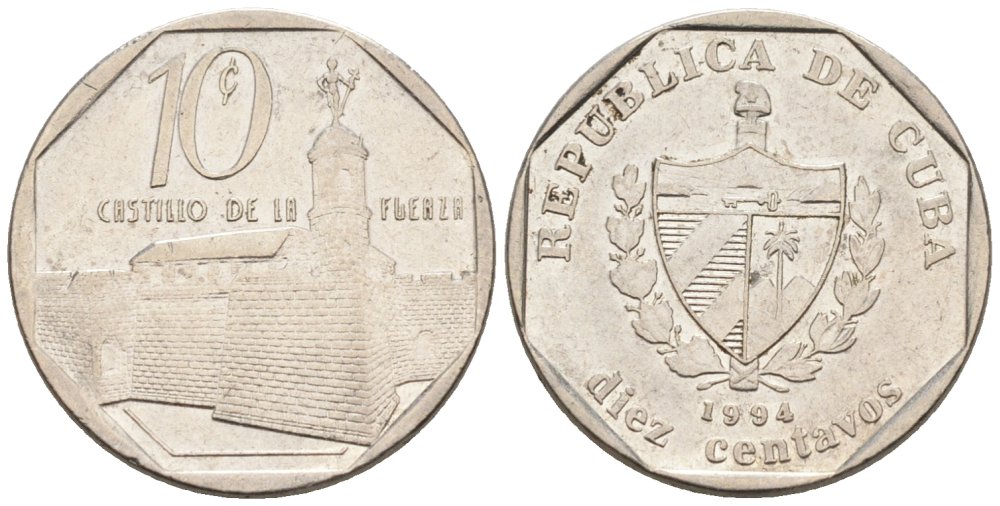 Куба 10 сентаво 1994 форт в Гаване Ла-Фуэрса KM 576 никелированная сталь 4576-965