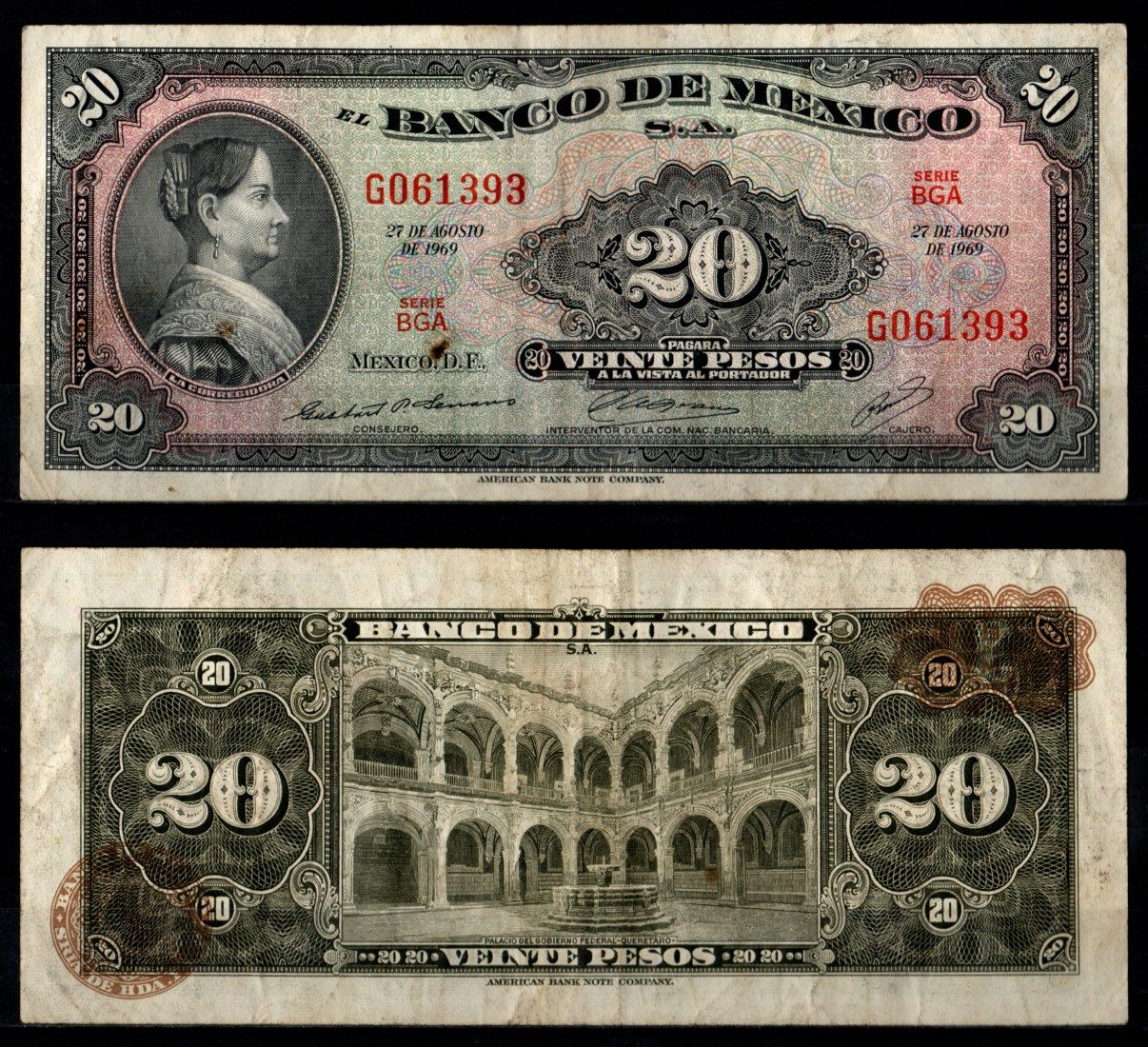 Мексика 20 песо 1969 Pick 54 n бумага 7198-9-2-1