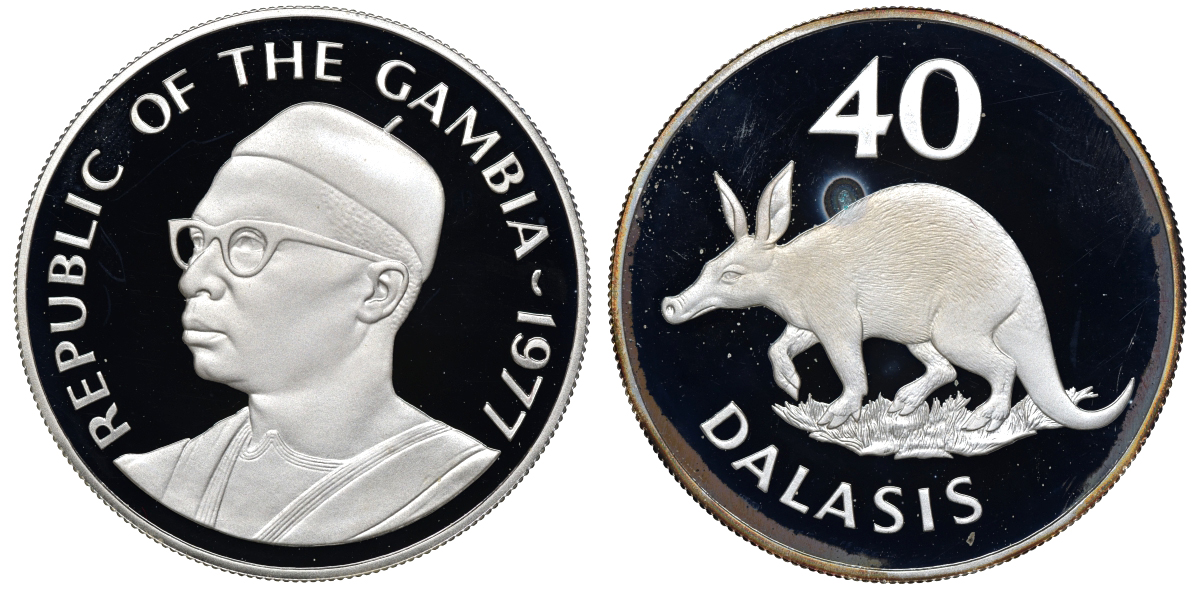 Гамбия 40 даласи 1977 защита дикой природы - трубкозуб, в коробке KM 18 серебро PROOF 7-4-1-45