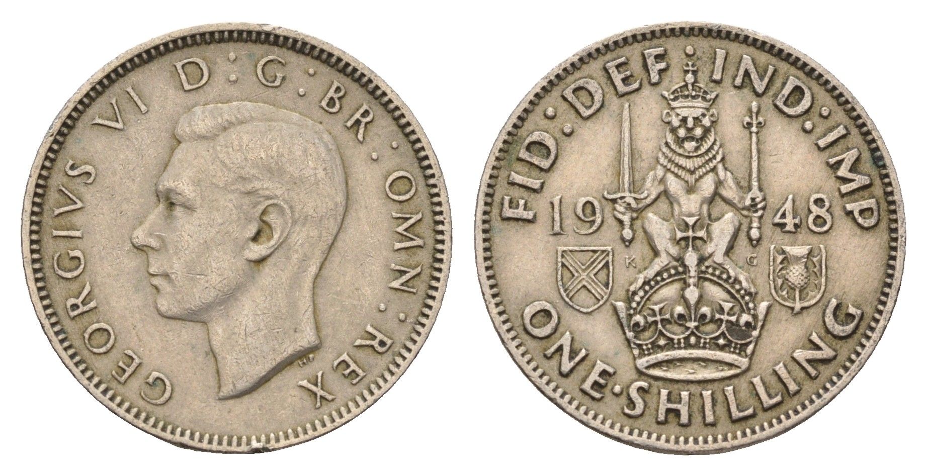 Великобритания 1 шиллинг 1948 Георг VI (1936-1952), Шотландский герб KM 864, Spink 4104 медно-никель 4671-1214