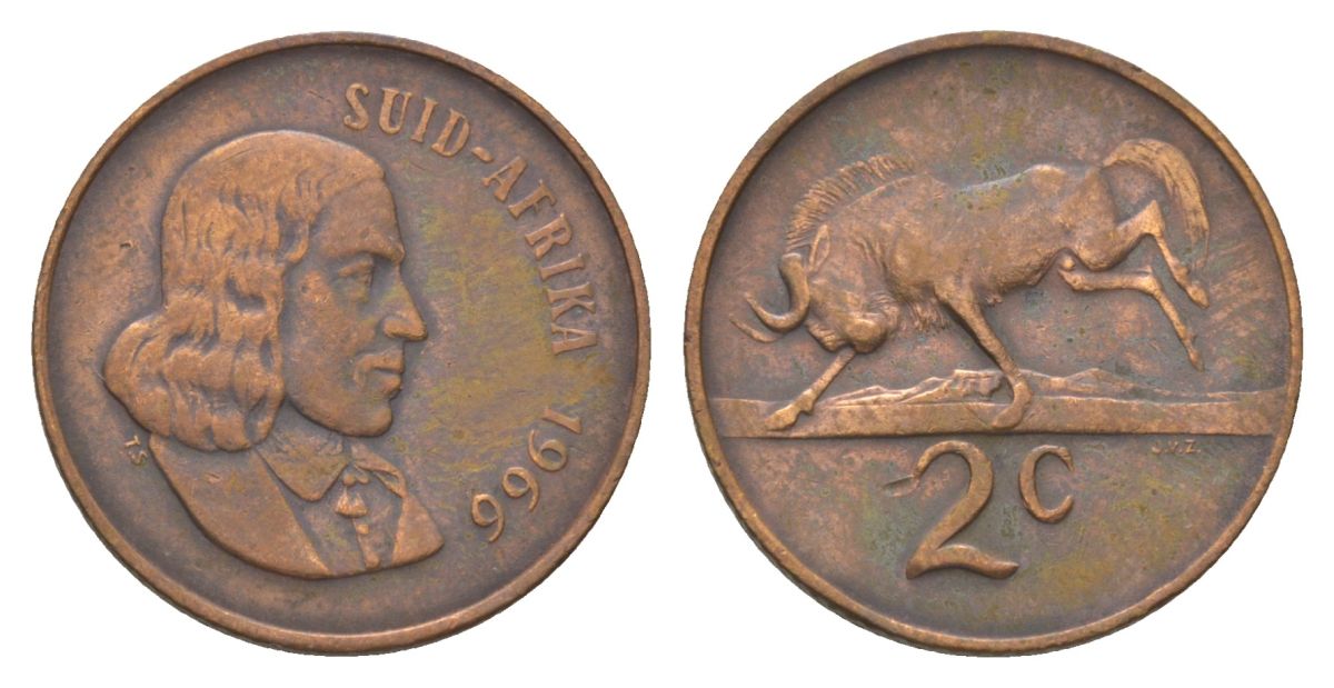 ЮАР 2 цента 1966 Ян ван Рибек (1619-1677), Suid Africa, легенда на африкаанс, антилопа гну KM 66.2 бронза 4627-163