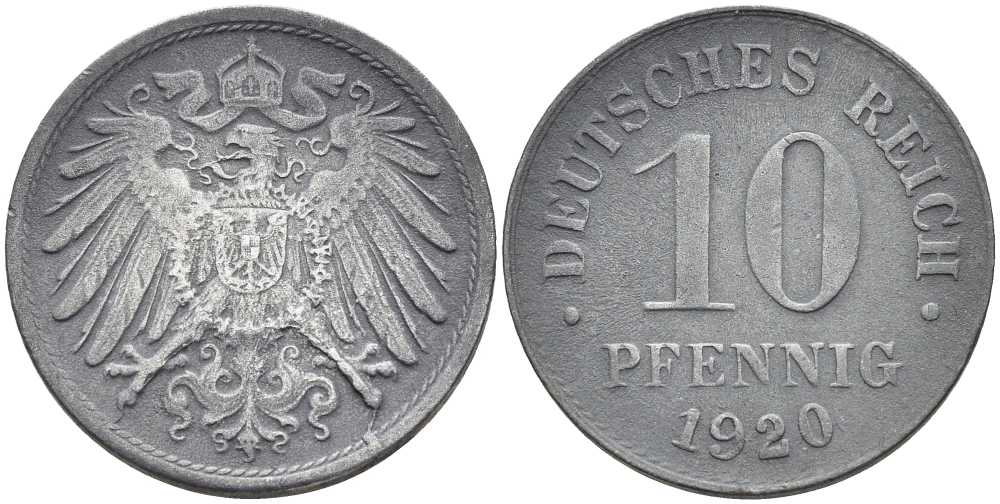 ГЕРМАНИЯ 10 ПФЕННИГОВ 1920 KM 26, J. 299 цинк 4401-147