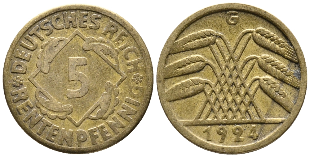 ГЕРМАНИЯ 5 РЕНТЕНПФЕННИГОВ 1924 G KM 32, J. 308 алюминиевая бронза 39-525