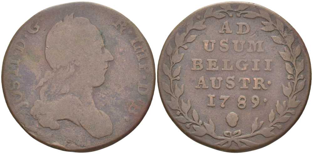 АВСТРИЙСКИЕ НИДЕРЛАНДЫ 2 ЛИАРДА 1789 b, ИОСИФ II (1780-1790) МОНДВОР БРЕСЛАУ KM 31 медь 180-526