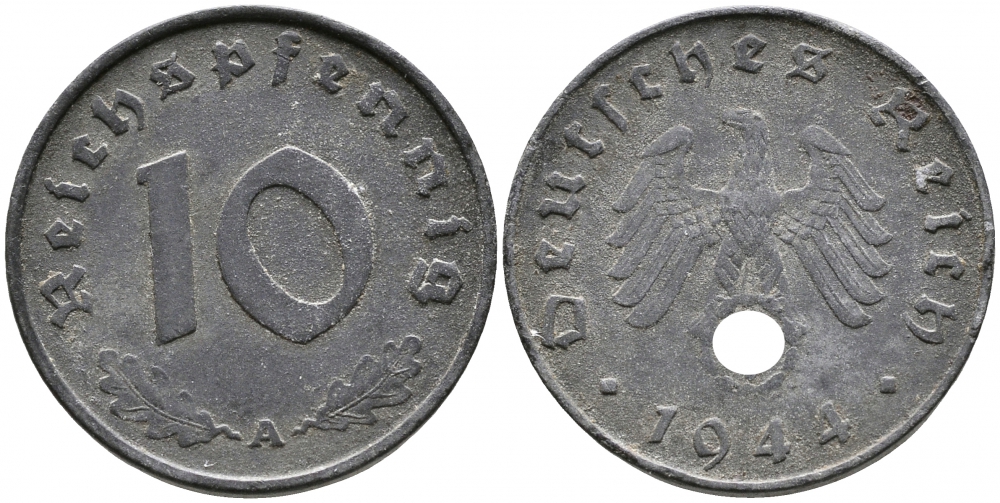 ГЕРМАНИЯ 10 РЕЙХСПФЕННИГОВ 1944 A KM 101, J 371 цинк 4525-1215