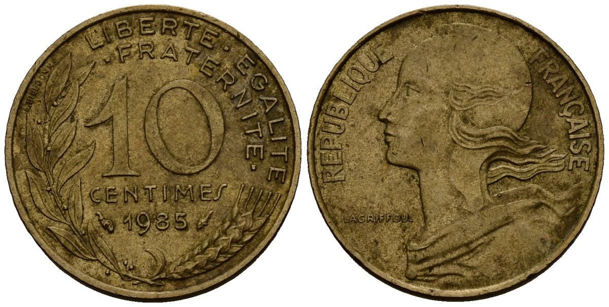 Франция 10 сантимов 1985 тип Марианна KM 929, LE FRANC 144.25 медь алюминий никель 4138-352