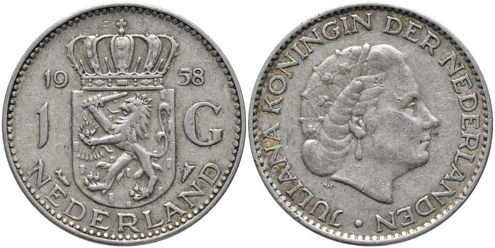Нидерланды 1 гульден 1958 Юлиана (1948-1980) KM 184 серебро 413-3643