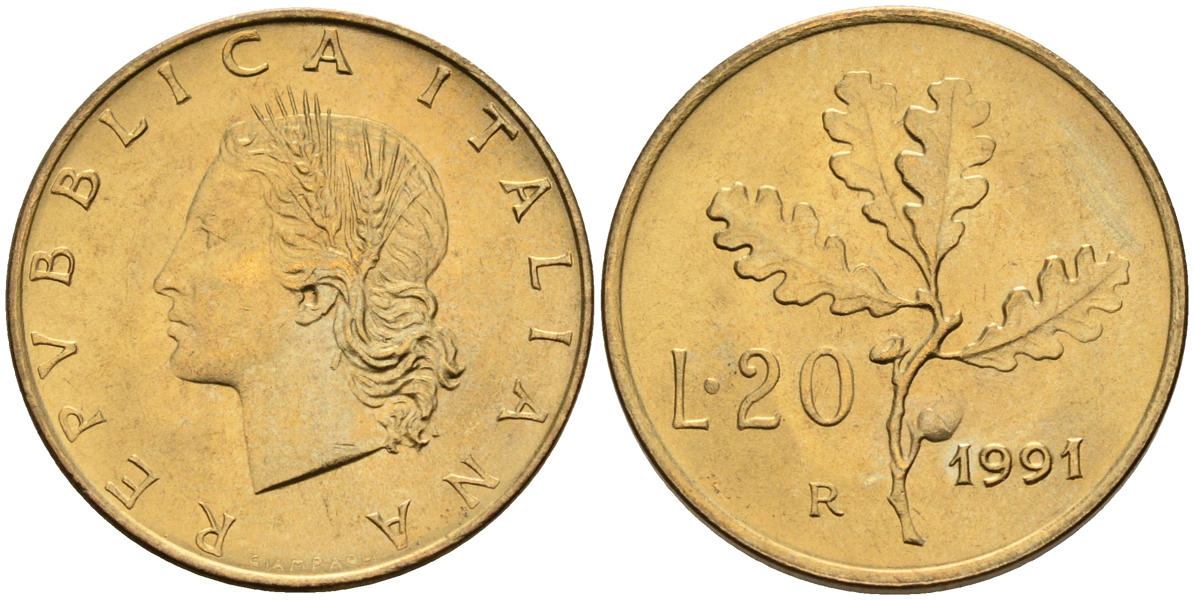 Италия 20 лир 1991 R, дубовый лист KM 97.2 алюминиевая бронза  UNC  4594-839