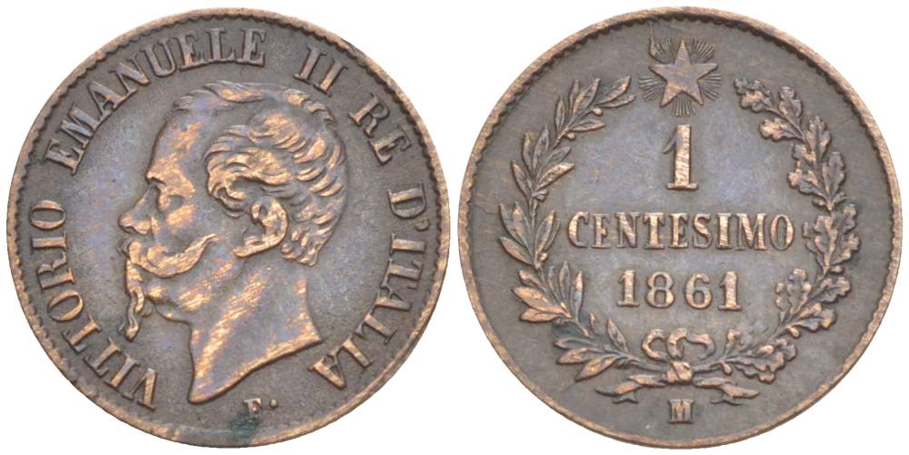 Италия 1 чентезимо 1861 M, Виктор Эммануил II (1861-1878) KM 1.1 медь 4516-1027