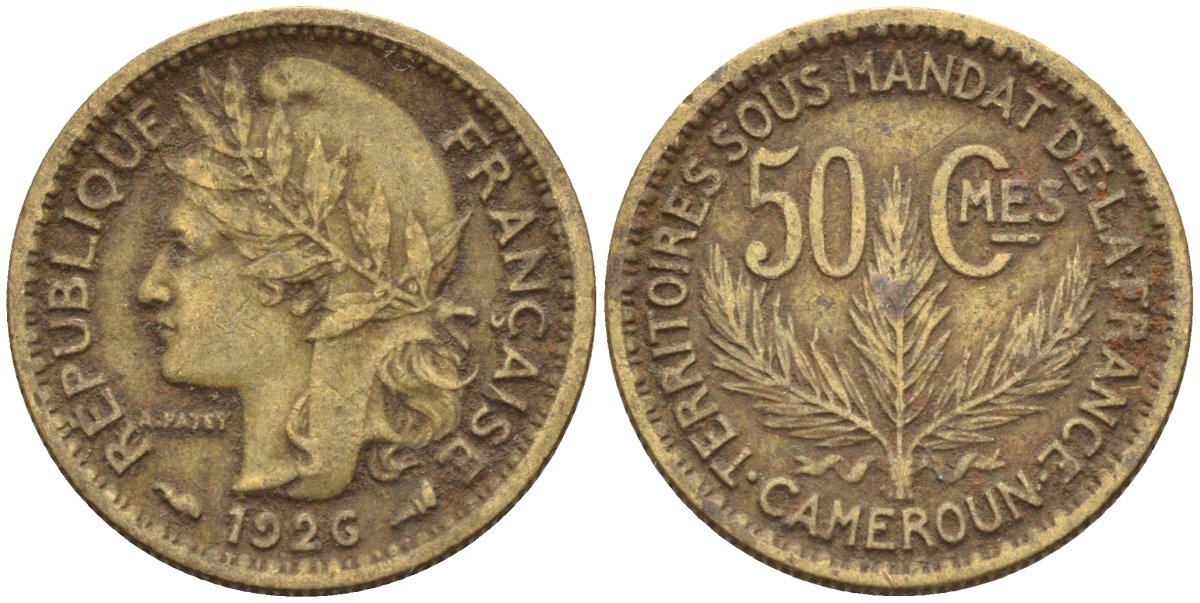 Камерун 50 сантимов 1926 (a), мондвор Париж KM 1 алюминиевая бронза 4164-1246