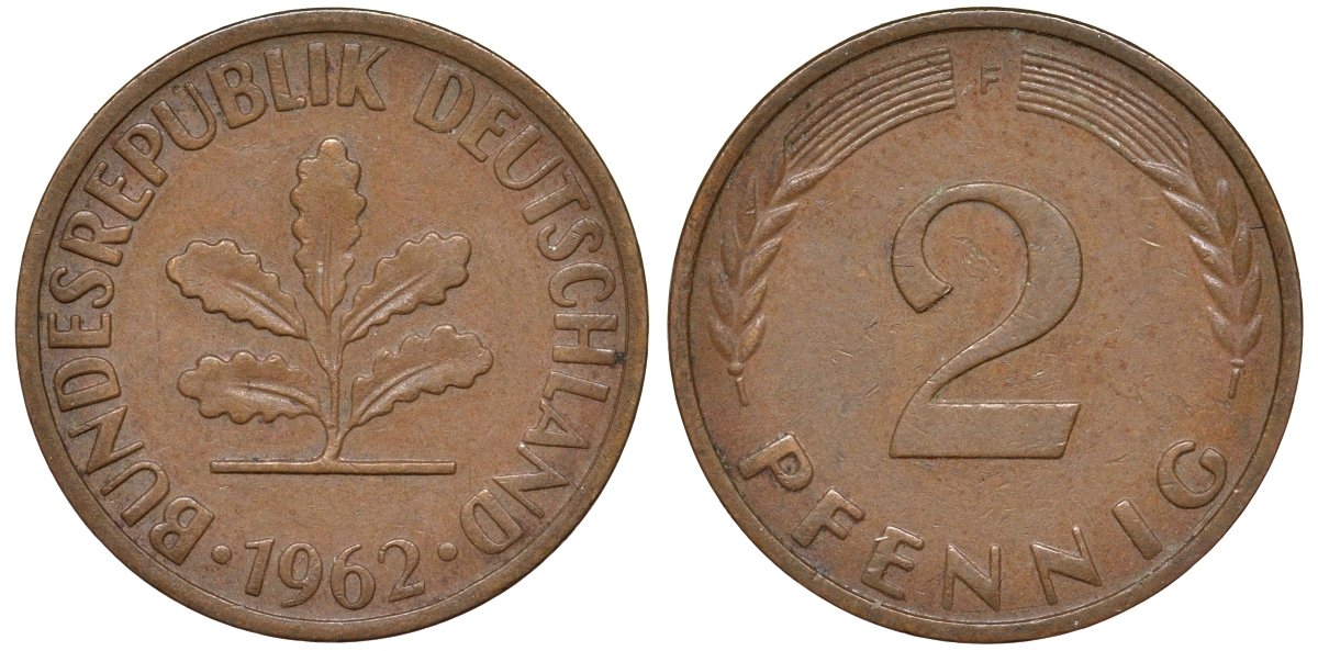ФРГ 2 пфеннига 1962 F KM 106, J.381 бронза 4174-454