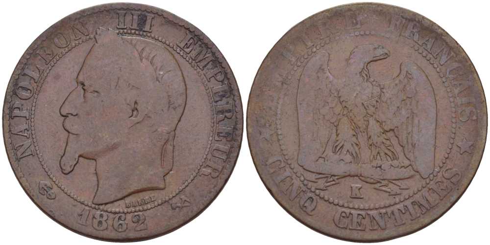 ФРАНЦИЯ 5 САНТИМОВ 1862 K, НАПОЛЕОН III (1852-1870) KM 797.3, LE FRANC 117.7 бронза 117-856