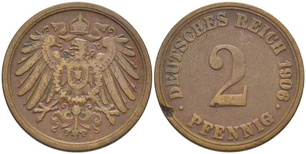 ГЕРМАНИЯ 2 ПФЕННИГА 1906 A KM 16, J. 11, Weege 4 медь 206-523