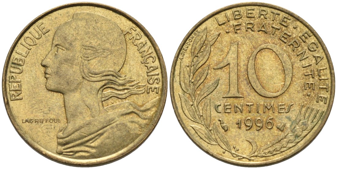 ФРАНЦИЯ 10 САНТИМОВ 1996 ТИП MARIANNE KM 929, LE FRANC 144.40 медь алюминий никель 4573-1034
