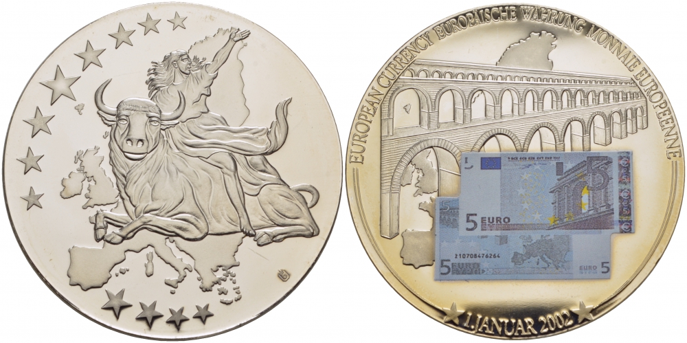 Нидерланды медаль 2002 похищение Европы, купюра 5 евро, серебрение, цветная эмаль, диаметр 50 мм., вес 54 гр.  медно-никель  PROOF  01-237-12