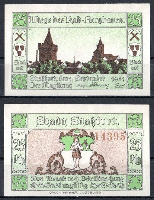 Штасфурт (Пруссия, Саксония) 25 пфеннигов 1921 Mehl Grabowski 1256.2a-4/6 бумага UNC (пресс) 7556-65-2-2